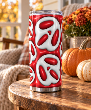 White Mask Pattern on Red — porch lifestyle mockup
