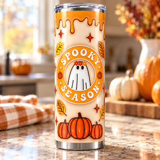 Illustrative lifestyle mockup of Spooky Season: white ghosts and pumpkins | Halloween Sublimation Tumbler. Finished item may vary slightly.