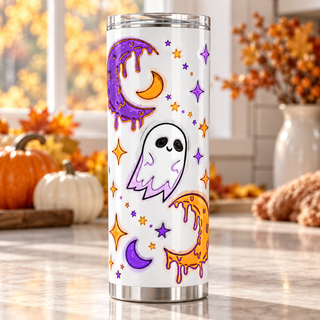 Illustrative lifestyle mockup of Ghosts and dripping crescent moons | Halloween Sublimation Tumbler. Finished item may vary slightly.