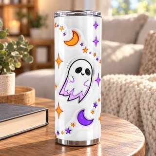 Illustrative lifestyle mockup of Ghosts and dripping crescent moons | Halloween Sublimation Tumbler. Finished item may vary slightly.
