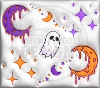 Full flat Halloween design 19 with a light semi-transparent MidniteRodeo Designs logo watermark; artwork preview only, one physical tumbler per purchase.
