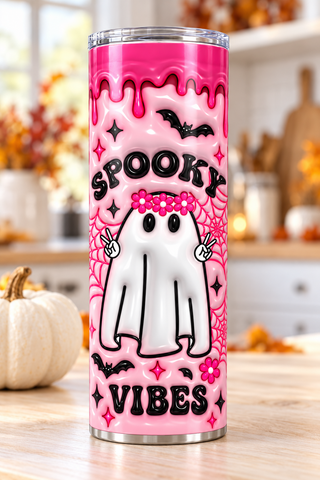 Illustrative lifestyle mockup of Spooky Vibes: ghost, flowers and pink webs | Halloween Sublimation Tumbler. Finished item may vary slightly.