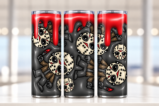 Hockey-Masked Characters with Red Drips — three-view product mockup