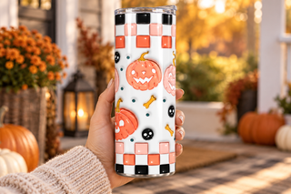 Illustrative lifestyle mockup of the pink and coral pumpkin stainless steel tumbler in a porch setting. Finished item may vary slightly.