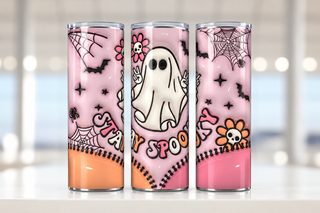 Stay Spooky: ghost and pink web panels — three views of one stainless steel tumbler