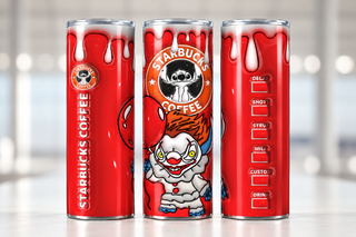 Sinister Clown coffee parody with red balloon — three views of one stainless steel tumbler