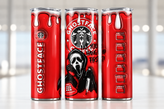 Screaming-Mask Character coffee parody: No You Hang Up on red — three views of one stainless steel tumbler