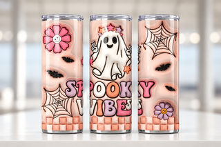 Spooky Vibes: ghost, flowers and peach checkerboard — three views of one stainless steel tumbler