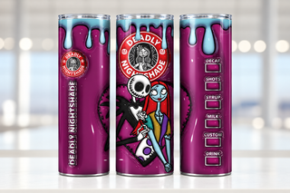 Deadly Nightshade: Skeleton and Patchwork Couple coffee parody — three views of one stainless steel tumbler