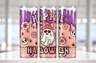 Skellington coffee parody on purple — three views of one stainless steel tumbler