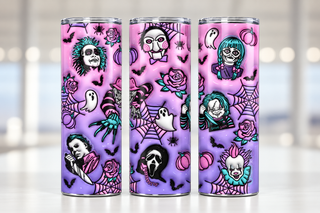 Horror character portraits and roses on purple — three views of one stainless steel tumbler