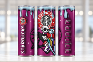 Skeleton and Patchwork Couple coffee parody — three views of one stainless steel tumbler