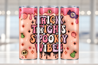 Thick Thighs Spooky Vibes — three views of one stainless steel tumbler