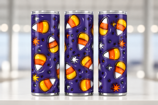 Candy corn on purple — three views of one stainless steel tumbler