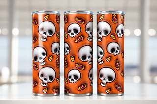 Skulls and Halloween candy on orange — three views of one stainless steel tumbler