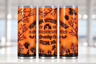 Witch Brewing: orange graveyard — three views of one stainless steel tumbler