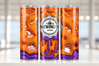 Witch Brewing: orange-purple spiderwebs — three views of one stainless steel tumbler