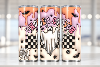 Under Cover: ghost on checkerboard — three views of one stainless steel tumbler