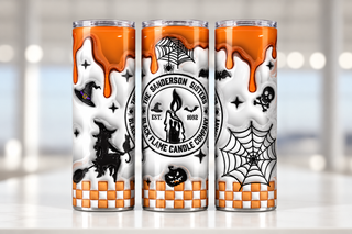 Witch Candle: white-orange — three views of one stainless steel tumbler