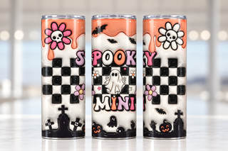 Spooky Mini: ghost and checkerboard — three views of one stainless steel tumbler