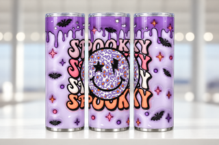 Spooky repeated lettering with leopard smiley — three views of one stainless steel tumbler