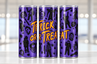 Trick or Treat: purple skeleton pattern — three views of one stainless steel tumbler