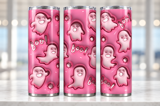 Pink ghosts with Boo — three views of one stainless steel tumbler