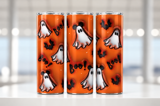 Ghosts, bats and Boo on orange — three views of one stainless steel tumbler