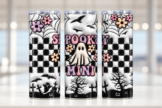 Spooky Mini: ghost, checkerboard and graveyard — three views of one stainless steel tumbler