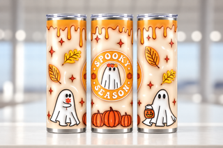 Spooky Season: white ghosts and pumpkins — three views of one stainless steel tumbler