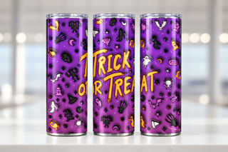 Trick or Treat: purple Halloween icon pattern — three views of one stainless steel tumbler