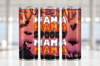Spooky Mama repeated lettering on graveyard — three views of one stainless steel tumbler