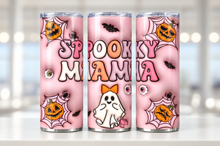 Spooky Mama: witch-hat ghost and pumpkins — three views of one stainless steel tumbler