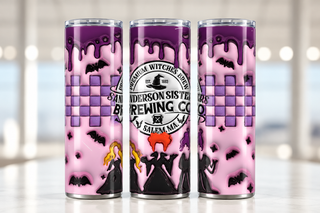 Witch Brewing: purple checkerboard — three views of one stainless steel tumbler