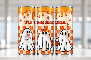 Tis the Season: ghosts on orange checkerboard — three views of one stainless steel tumbler
