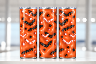 Black and white bats on orange — three views of one stainless steel tumbler