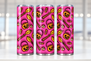 Pumpkin buckets, brooms and candy on pink — three views of one stainless steel tumbler