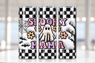 Spooky Mama: ghost and checkerboard — three views of one stainless steel tumbler