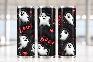 White ghosts, hearts and Boo on black — three views of one stainless steel tumbler