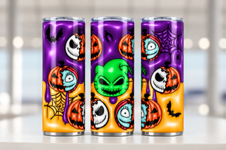 Spooky Storybook character pumpkins — three views of one stainless steel tumbler