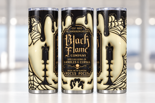 Three Witches Black Flame Company: tan-black — three views of one stainless steel tumbler