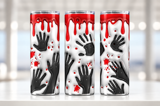Bloody handprints on white — three views of one stainless steel tumbler