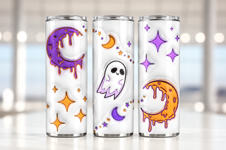 Ghosts and dripping crescent moons — three views of one stainless steel tumbler