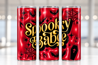 Spooky Babe: gold lettering on red-black — three views of one stainless steel tumbler