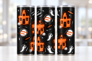 Haunted houses, ghosts and mouths on black — three views of one stainless steel tumbler