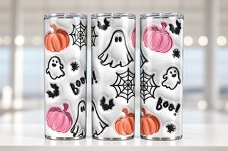 Ghosts, pink pumpkins and webs — three views of one stainless steel tumbler