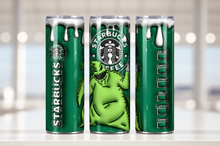 Burlap Creature coffee parody on green — three views of one stainless steel tumbler