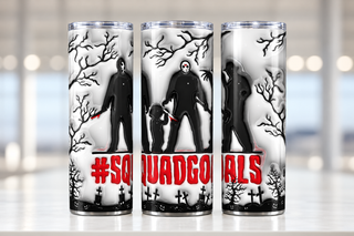 Squadgoals: masked horror characters — three views of one stainless steel tumbler