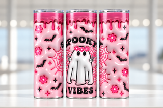 Spooky Vibes: ghost, flowers and pink webs — three views of one stainless steel tumbler