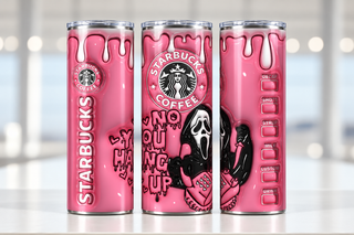 Screaming-Mask Character coffee parody: No You Hang Up on pink — three views of one stainless steel tumbler